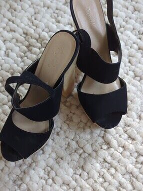 Pupids Women's Black Slingback Block 4inch Heel Sandals with Wide Straps